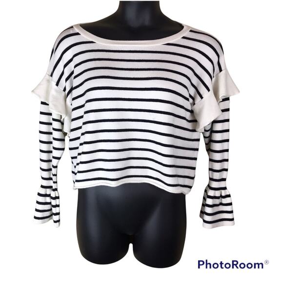 ZARA KNIT Bell Sleeve Ruffle Shoulder Stripe Sweater Size Small - Picture 1 of 4